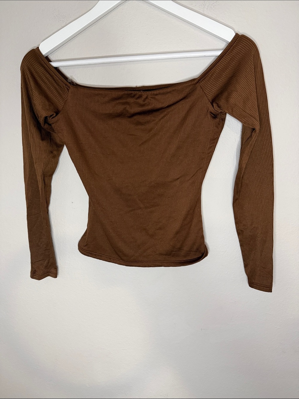Off-Shoulder Ribbed Long-Sleeve Top - Brown [KC0906]